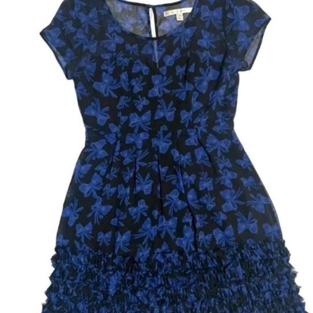Lauren Conrad Black Pleated Ruffle Hem Dress Blue Bow Print SZ 8 Cap Sleeve #459
